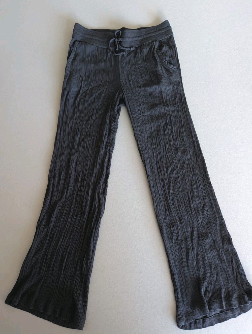 Prana Fernie Black Crinkle Wide Leg Pants Pull On Drawstring Small Beach